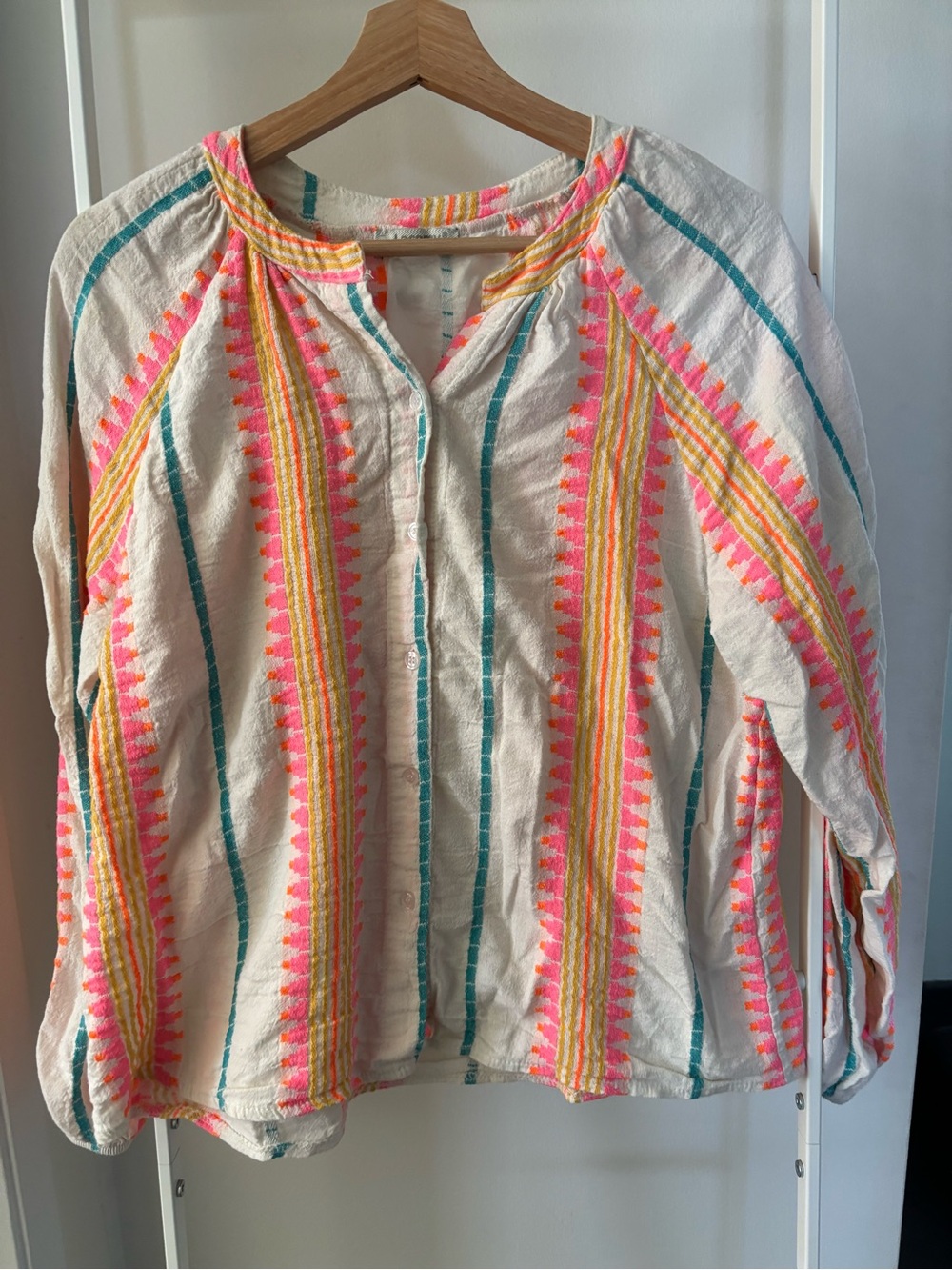 Women's Embroidered Peasant Top - White with Pink & Yellow Stripes